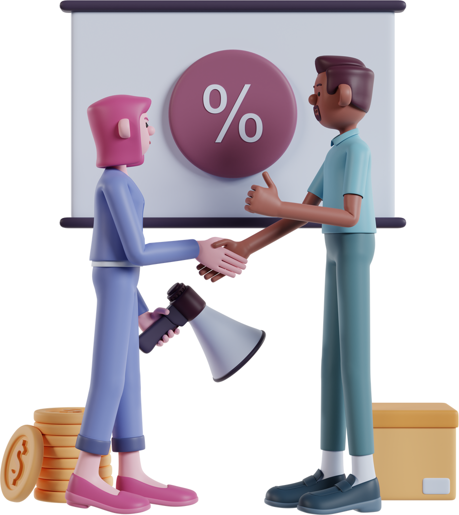 3d character of young woman shaking hands with black man agreeing to affiliate marketing